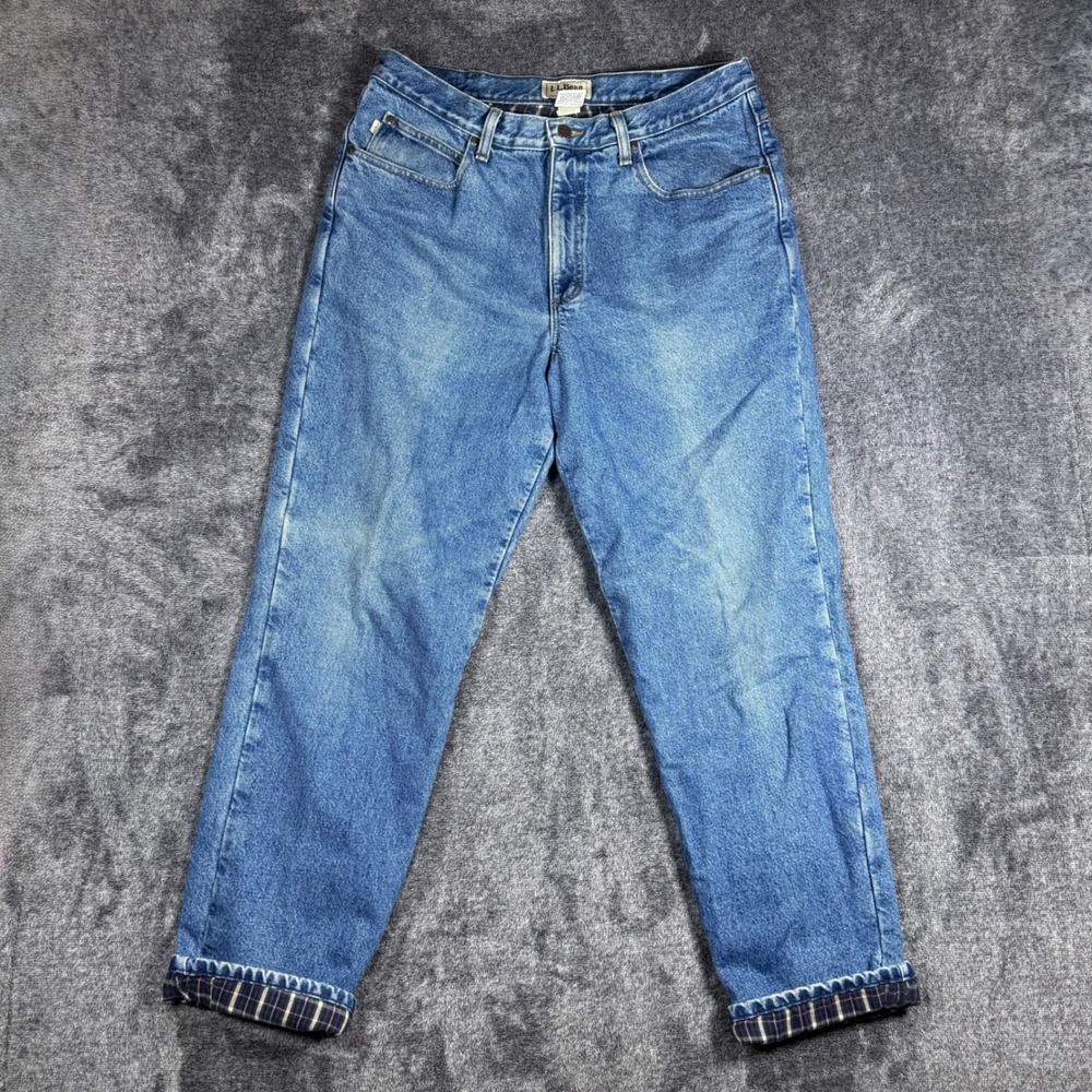LL Bean Classic Fit Flannel Lined Jeans Mens 36x32 Blue Denim Plaid Lining